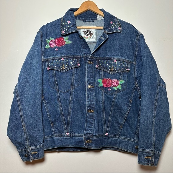 East West Jackets & Blazers - Vintage East West 80s 90s Sequin Floral Embellished Cotton Denim Jacket Sz L